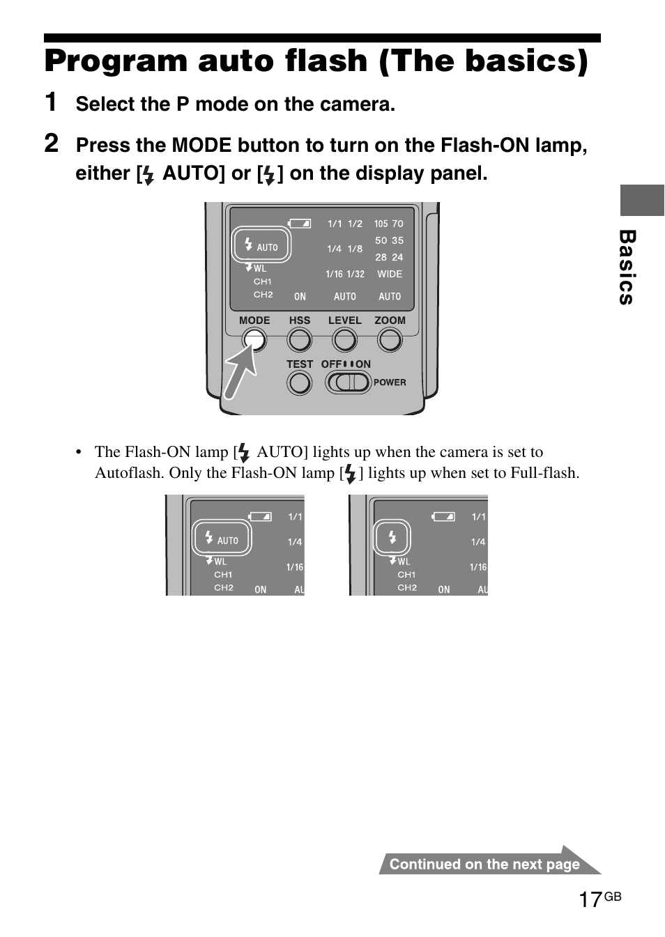 Basics, Program auto flash (the basics) | Sony HVL-F42AM User Manual | Page 17 / 263