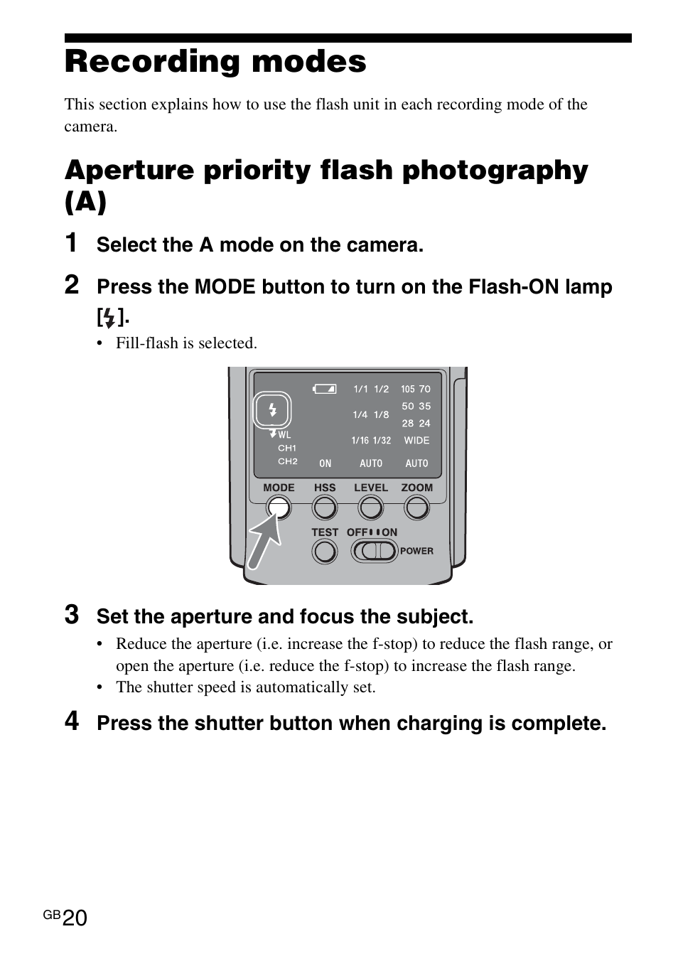 Recording modes, Aperture priority flash photography (a) 1 | Sony HVL-F42AM User Manual | Page 20 / 263