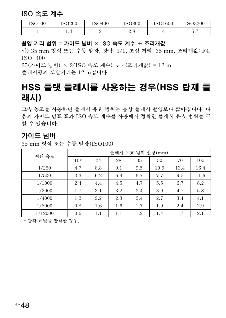 Hss 플랫 플래시를 사용하는 경우(hss 탑재 플 래시), Iso 속도 계수, 가이드 넘버 | Sony HVL-F42AM User Manual | Page 206 / 263