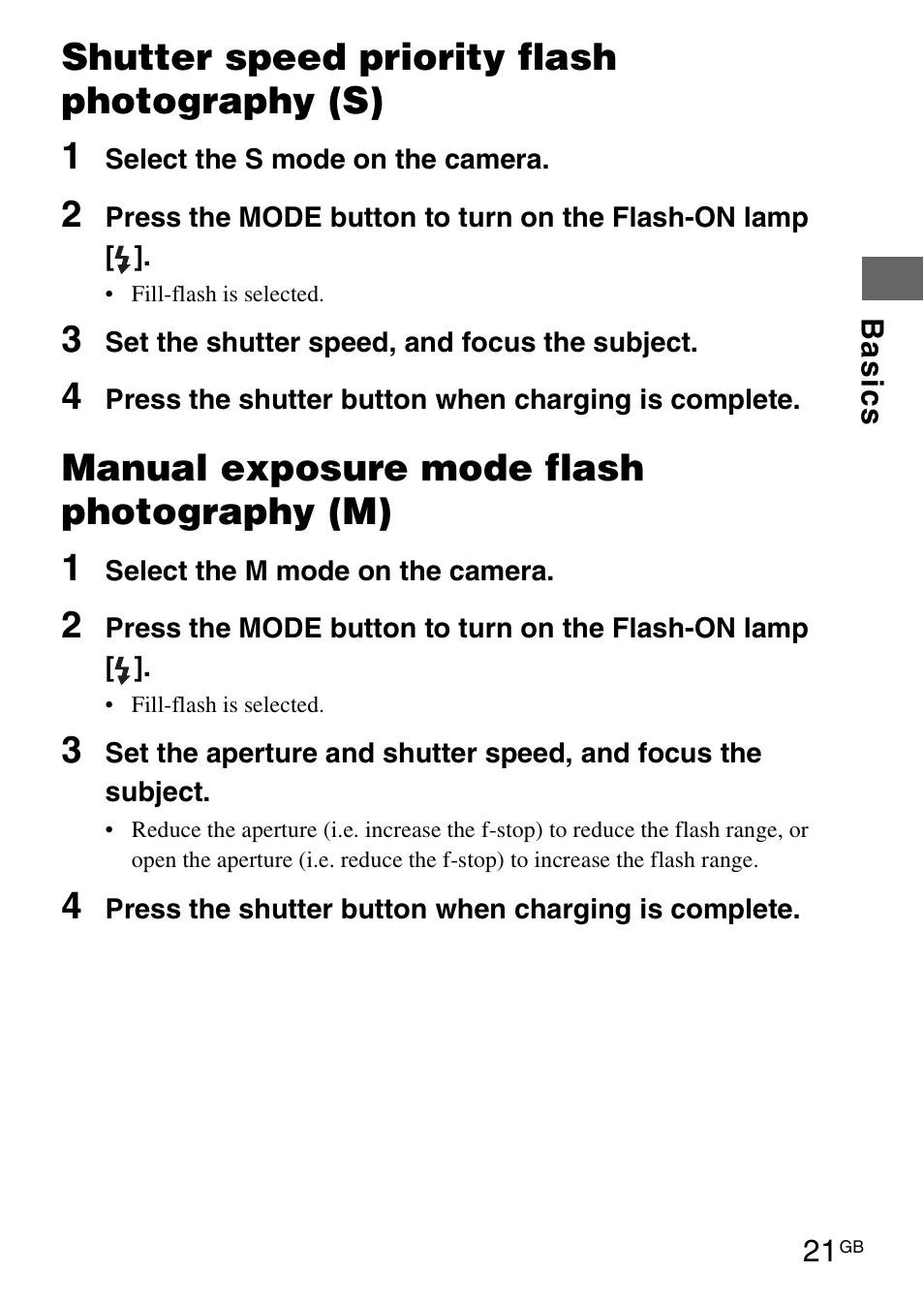 Shutter speed priority flash photography (s) 1, Manual exposure mode flash photography (m) 1 | Sony HVL-F42AM User Manual | Page 21 / 263