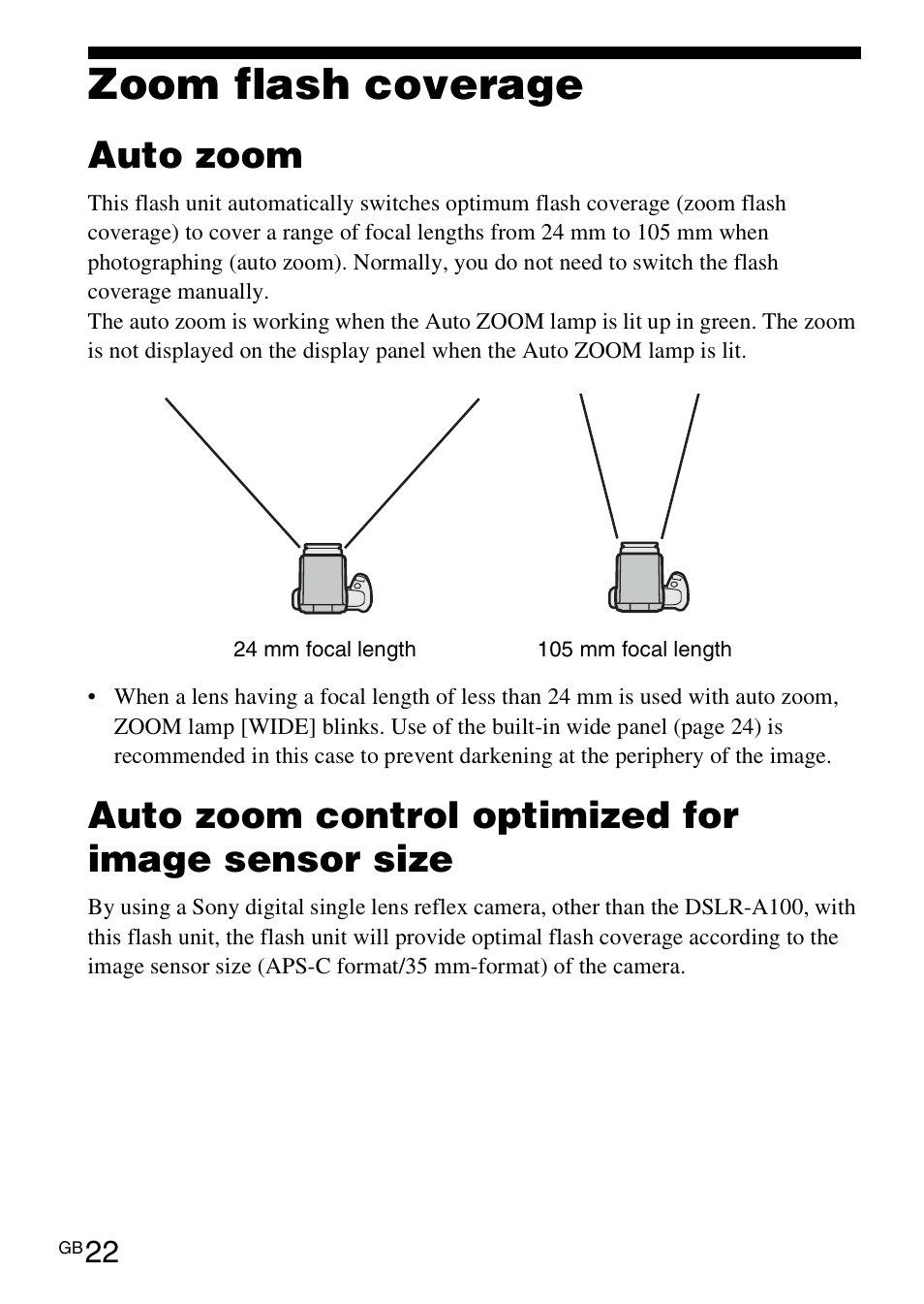 Applications, Zoom flash coverage, Auto zoom | Auto zoom control optimized for image sensor size | Sony HVL-F42AM User Manual | Page 22 / 263