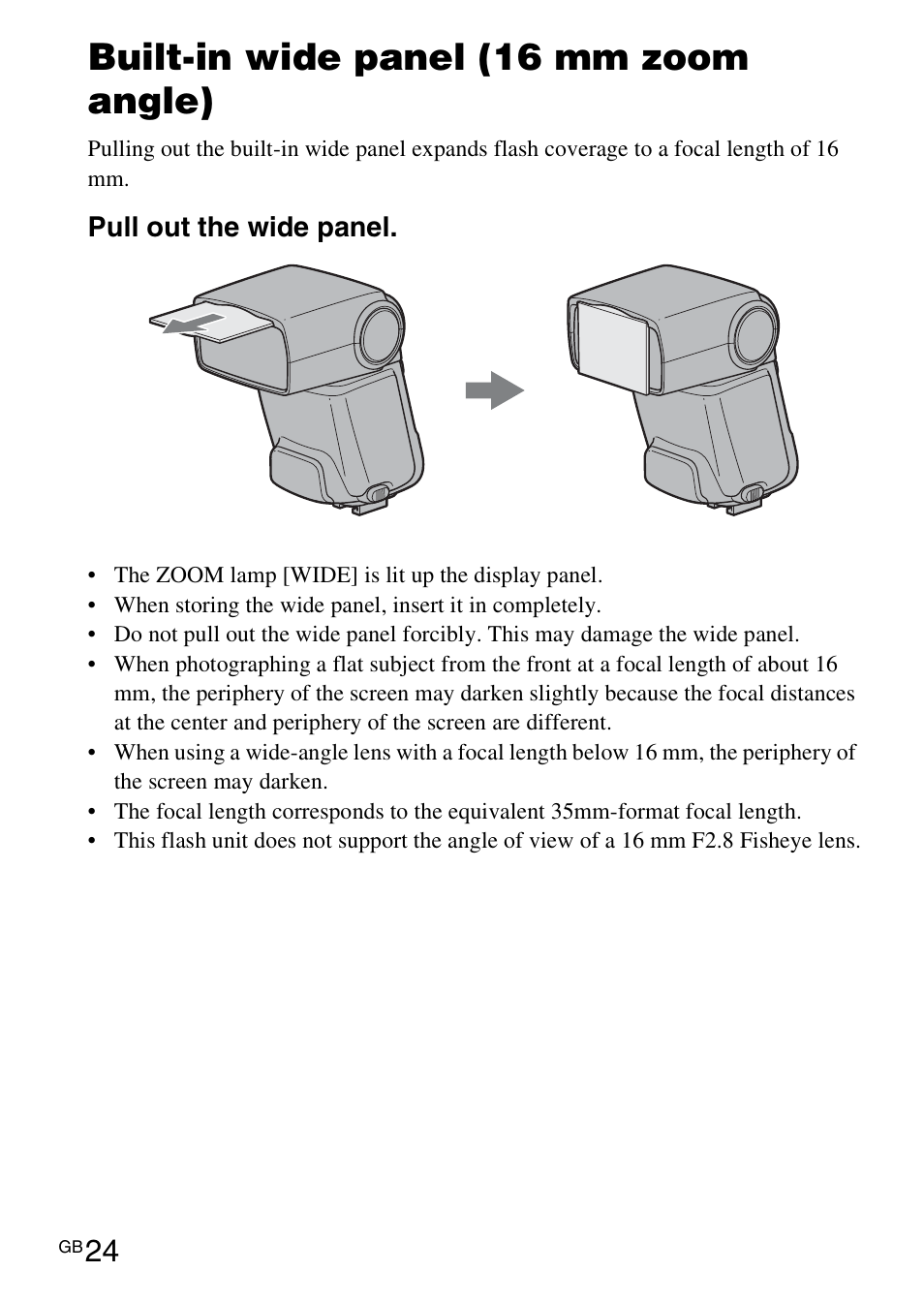 Built-in wide panel (16 mm zoom angle) | Sony HVL-F42AM User Manual | Page 24 / 263