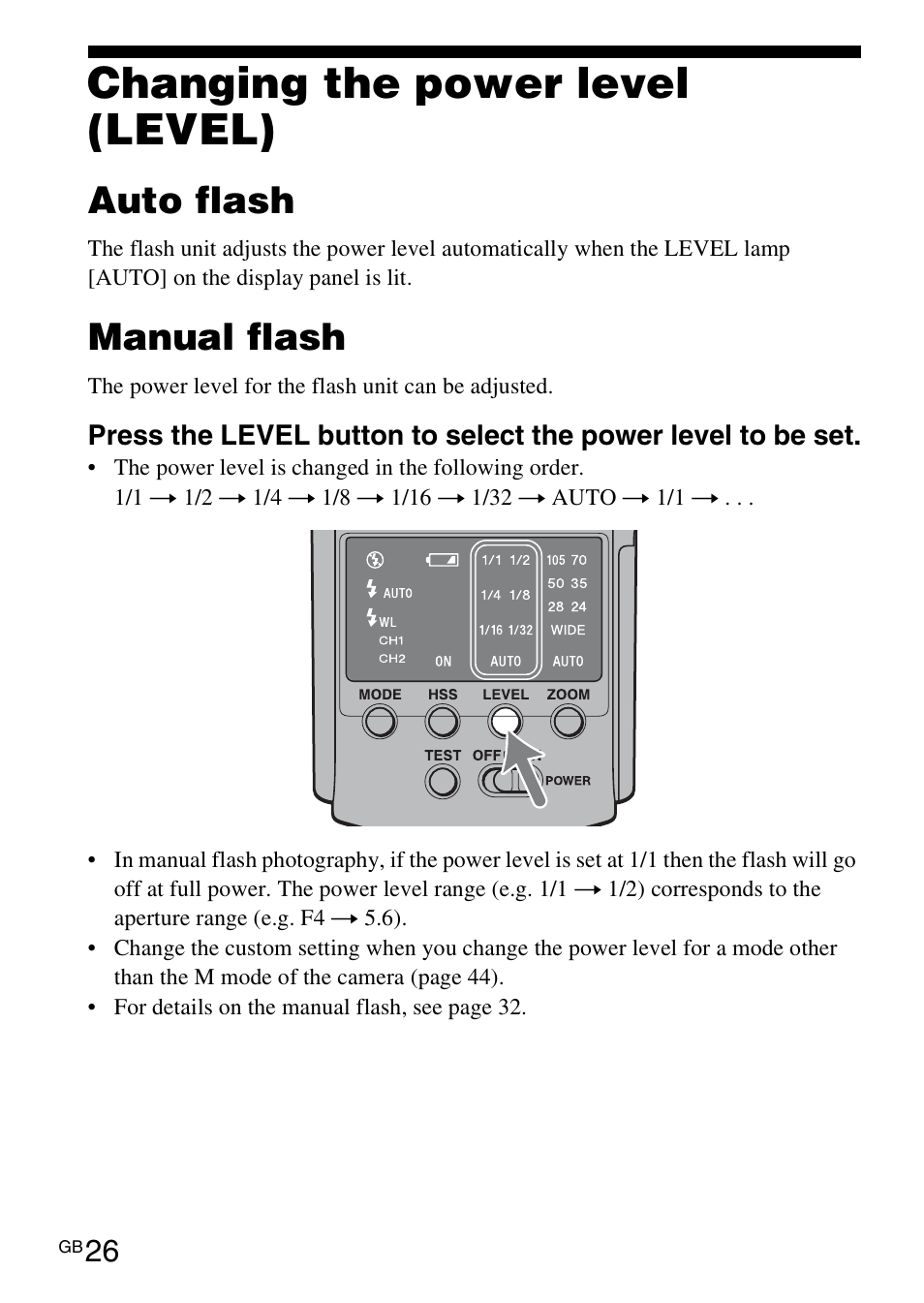 Changing the power level (level), Auto flash, Manual flash | Sony HVL-F42AM User Manual | Page 26 / 263