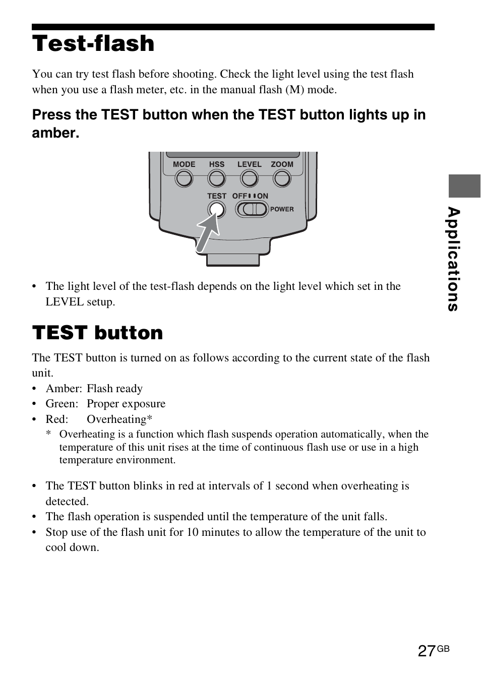 Test-flash, Test button | Sony HVL-F42AM User Manual | Page 27 / 263