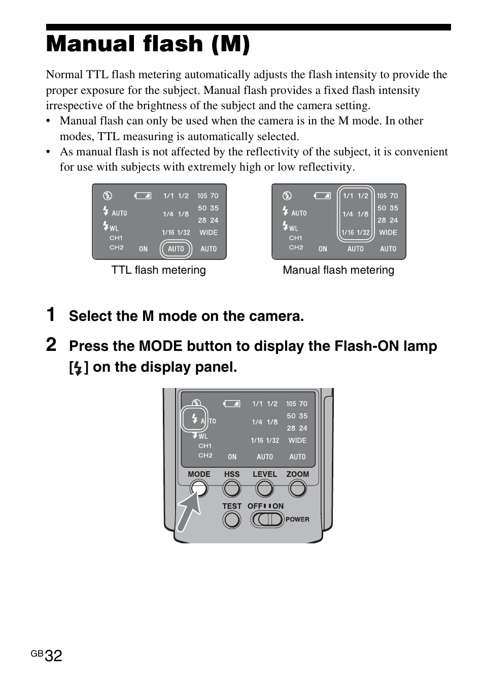 Manual flash (m) | Sony HVL-F42AM User Manual | Page 32 / 263