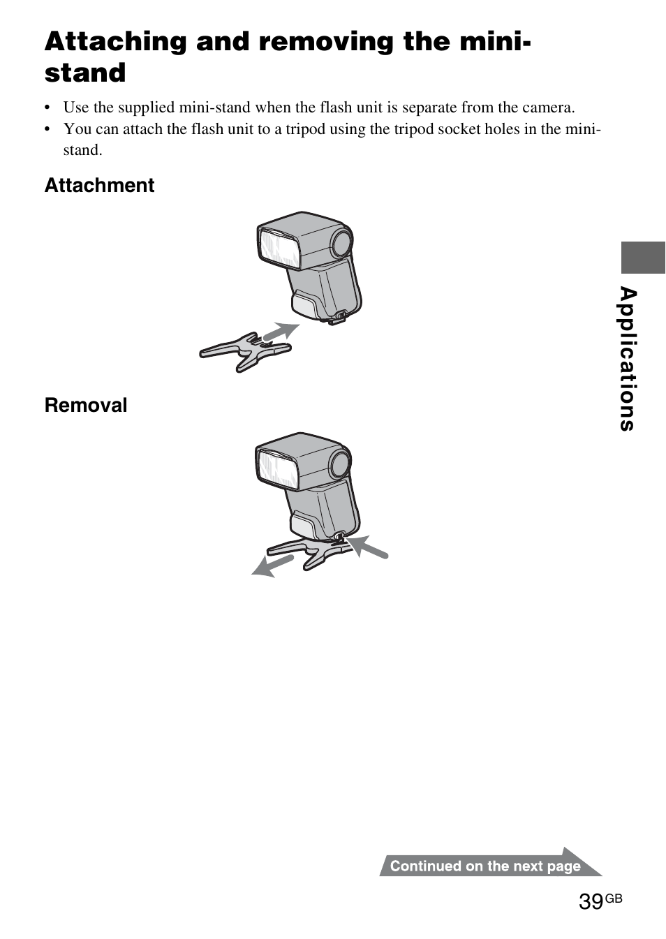 Attaching and removing the mini- stand | Sony HVL-F42AM User Manual | Page 39 / 263