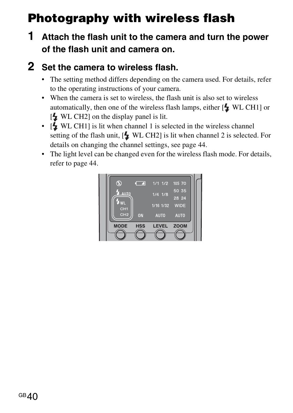 Photography with wireless flash 1 | Sony HVL-F42AM User Manual | Page 40 / 263