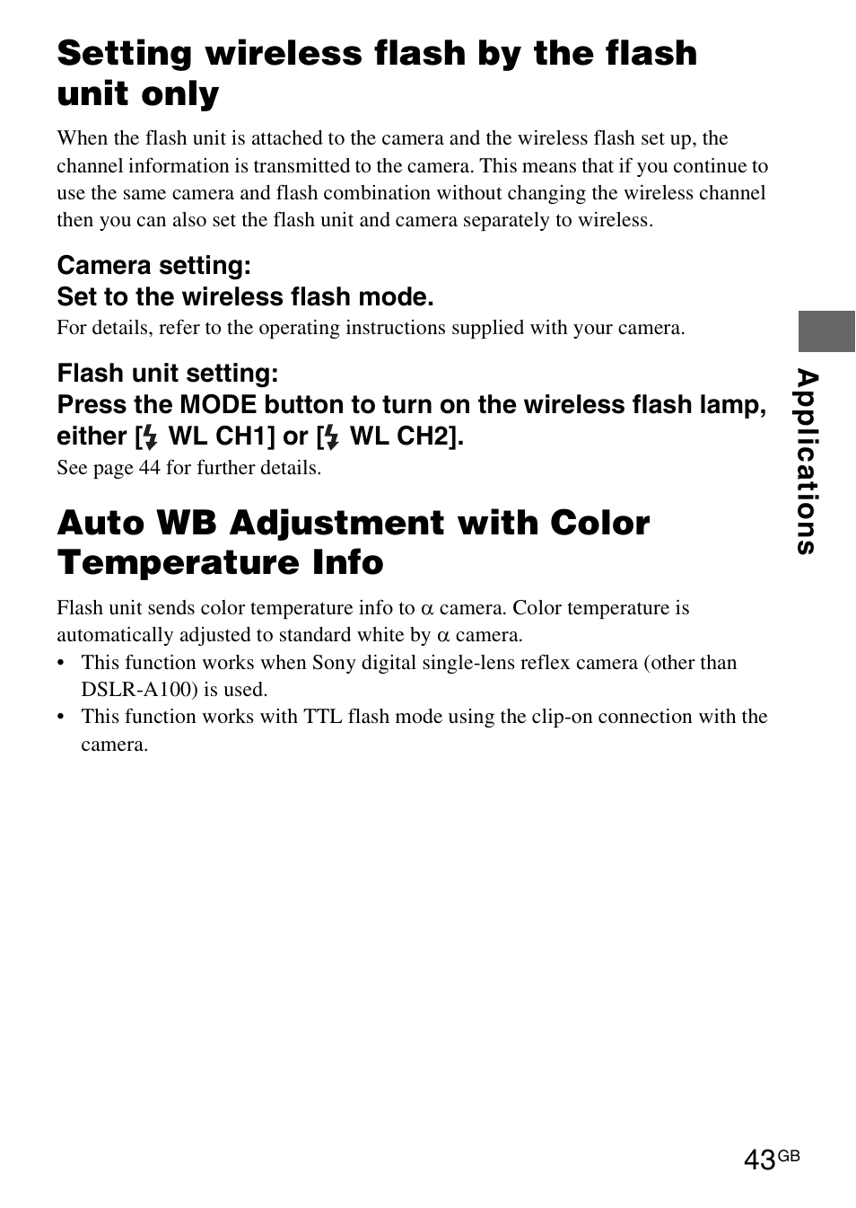 Setting wireless flash by the flash unit only, Auto wb adjustment with color temperature info | Sony HVL-F42AM User Manual | Page 43 / 263