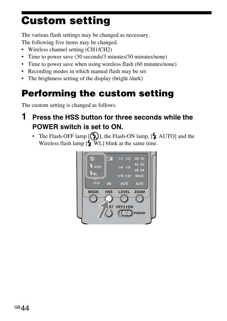 Custom setting, Performing the custom setting | Sony HVL-F42AM User Manual | Page 44 / 263