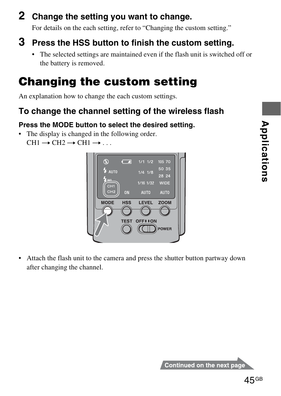 Changing the custom setting | Sony HVL-F42AM User Manual | Page 45 / 263