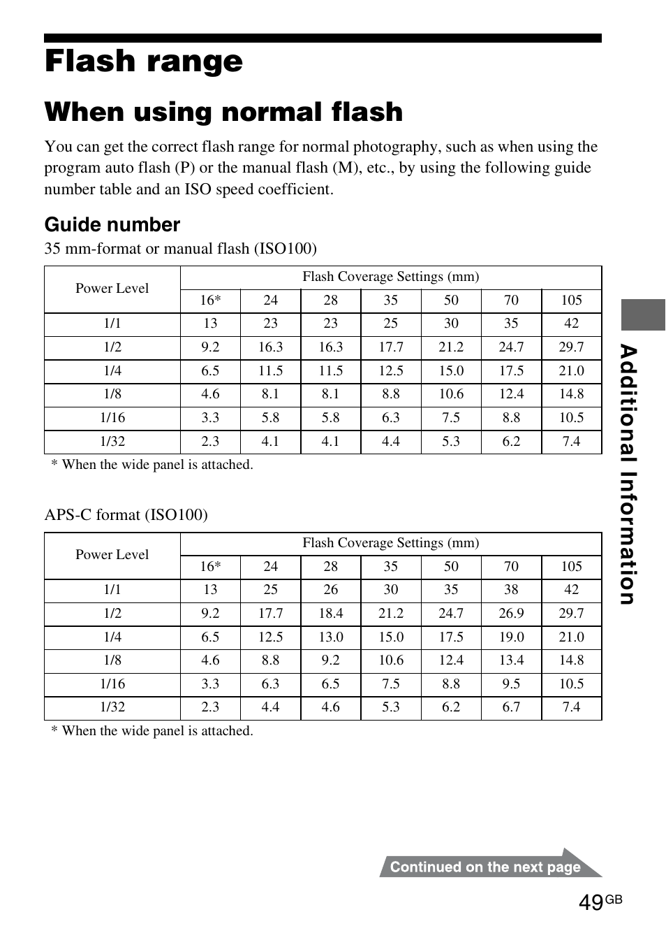 Additional information, Flash range, When using normal flash | Sony HVL-F42AM User Manual | Page 49 / 263