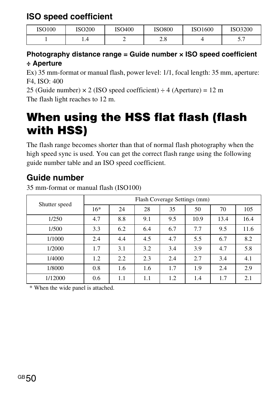 When using the hss flat flash (flash with hss), Iso speed coefficient, Guide number | Sony HVL-F42AM User Manual | Page 50 / 263