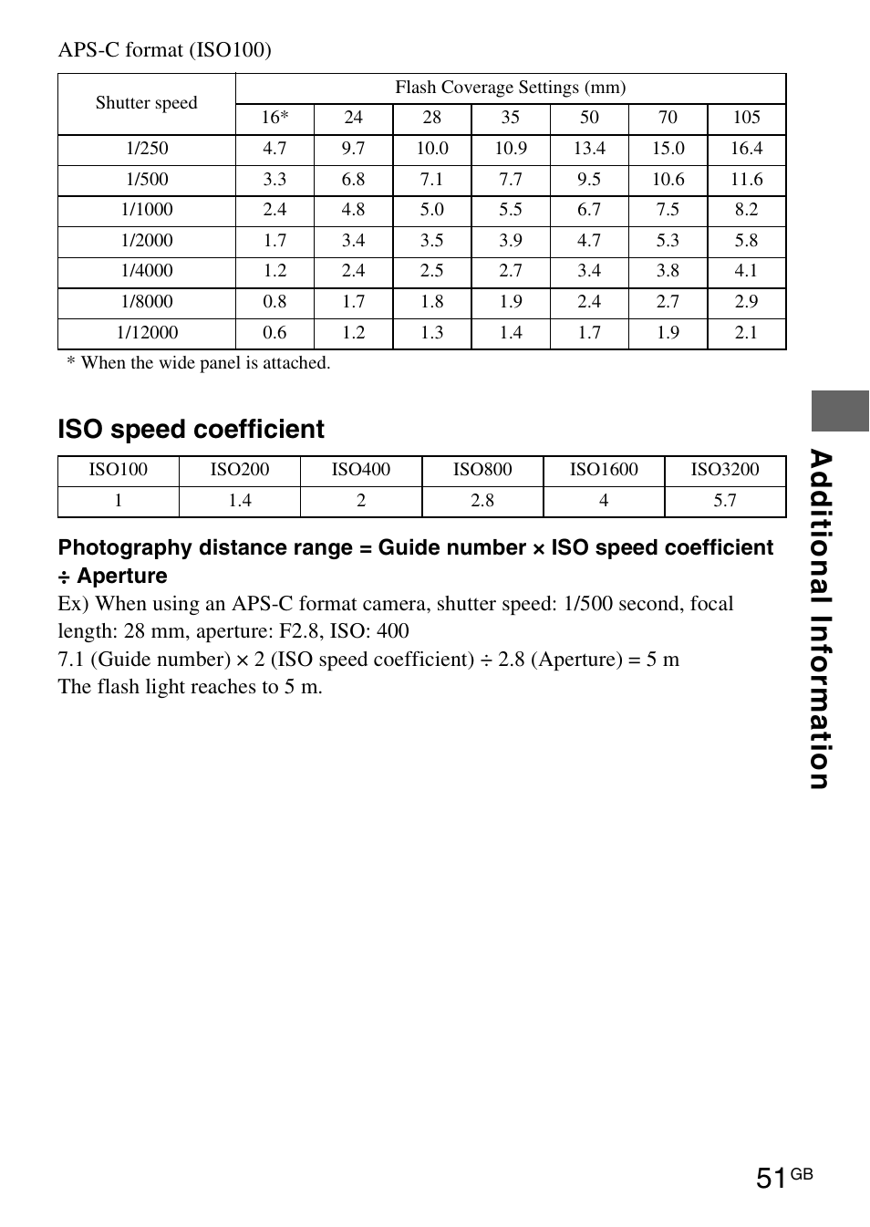 Addi ti o na l i nforma ti o n 51, Iso speed coefficient | Sony HVL-F42AM User Manual | Page 51 / 263