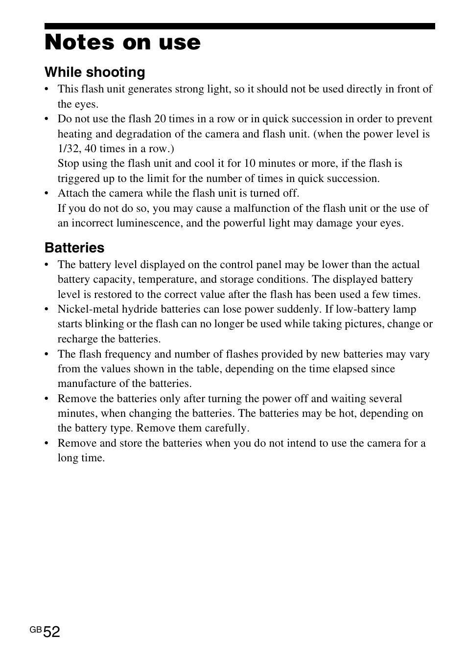 Notes on use | Sony HVL-F42AM User Manual | Page 52 / 263