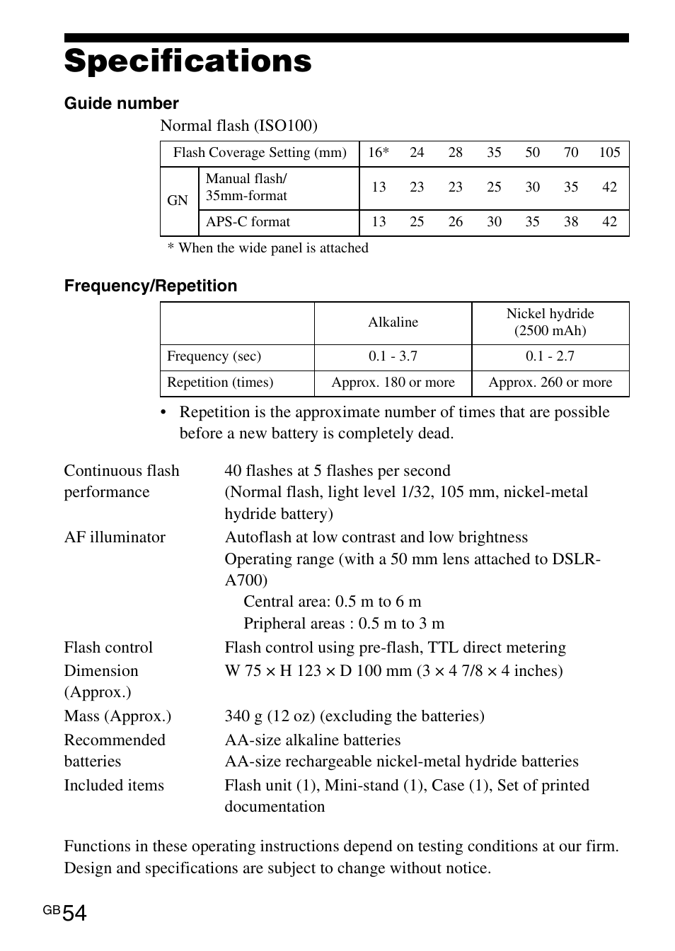 Specifications | Sony HVL-F42AM User Manual | Page 54 / 263