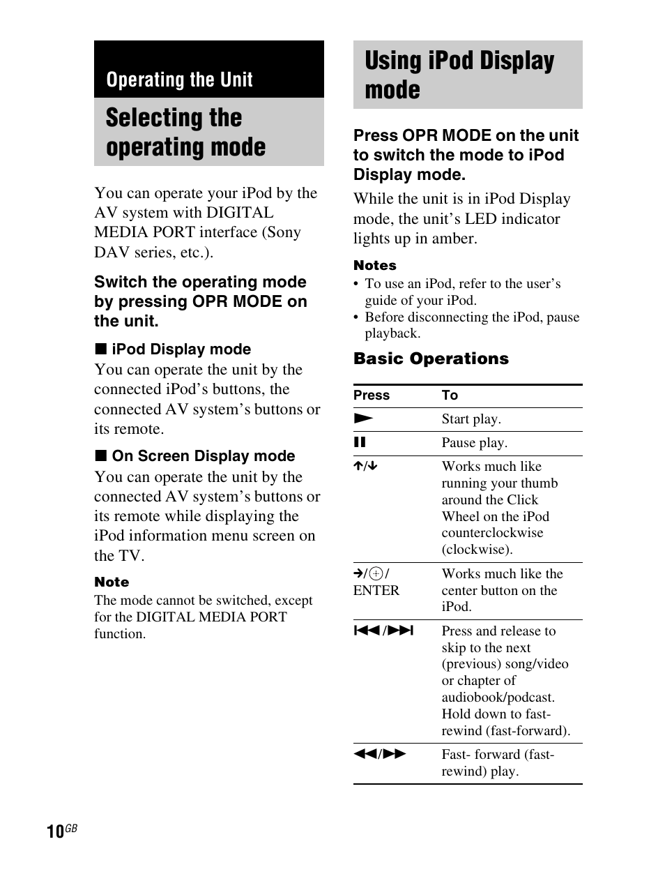 Operating the unit, Selecting the operating mode, Using ipod display mode | Selecting the operating, Mode, R (10, N (10) | Sony TDM-iP1 User Manual | Page 10 / 200