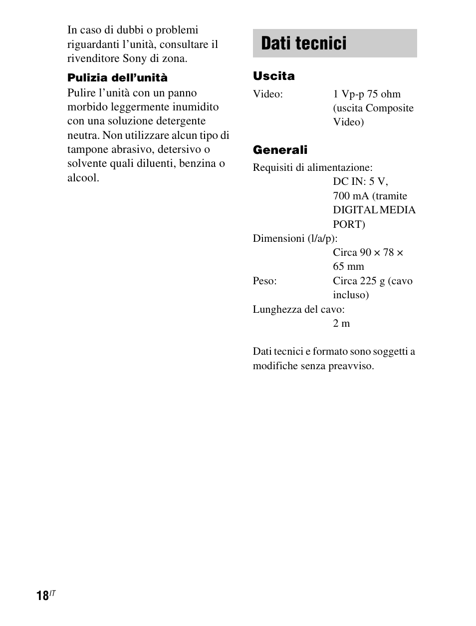 Dati tecnici | Sony TDM-iP1 User Manual | Page 106 / 200