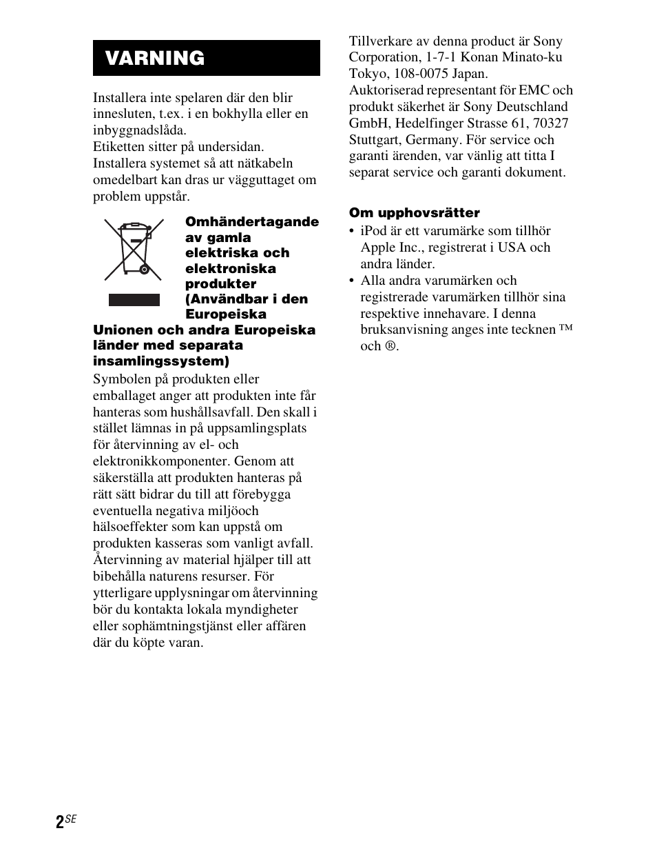 Varning | Sony TDM-iP1 User Manual | Page 108 / 200