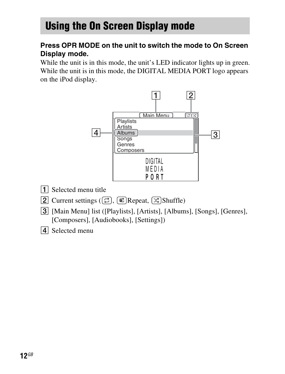 Using the on screen display mode, Using the on screen display, Mode | Sony TDM-iP1 User Manual | Page 12 / 200