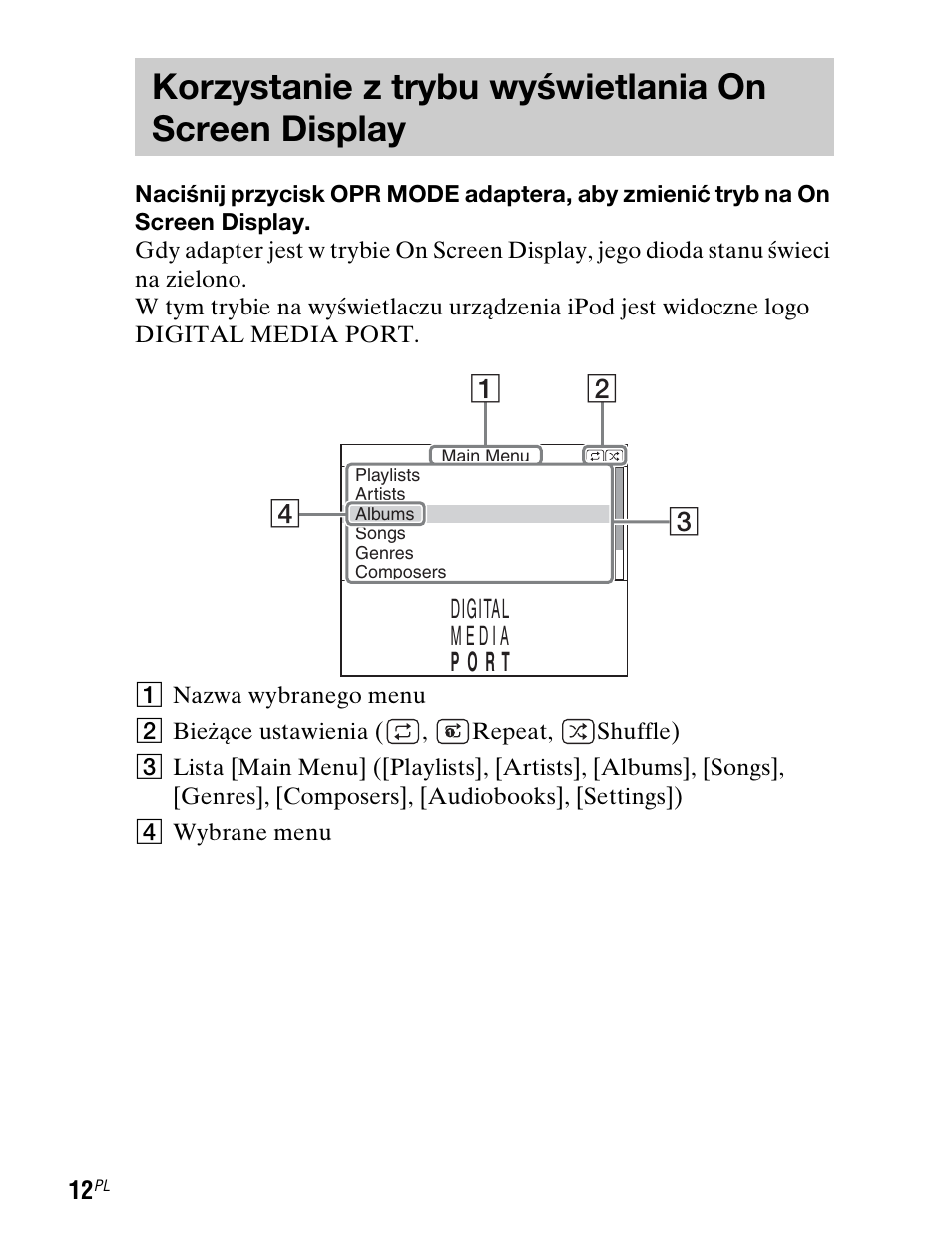 Korzystanie z trybu wyświetlania on screen display, Korzystanie z trybu, Wyświetlania on screen display | Y (12) | Sony TDM-iP1 User Manual | Page 136 / 200