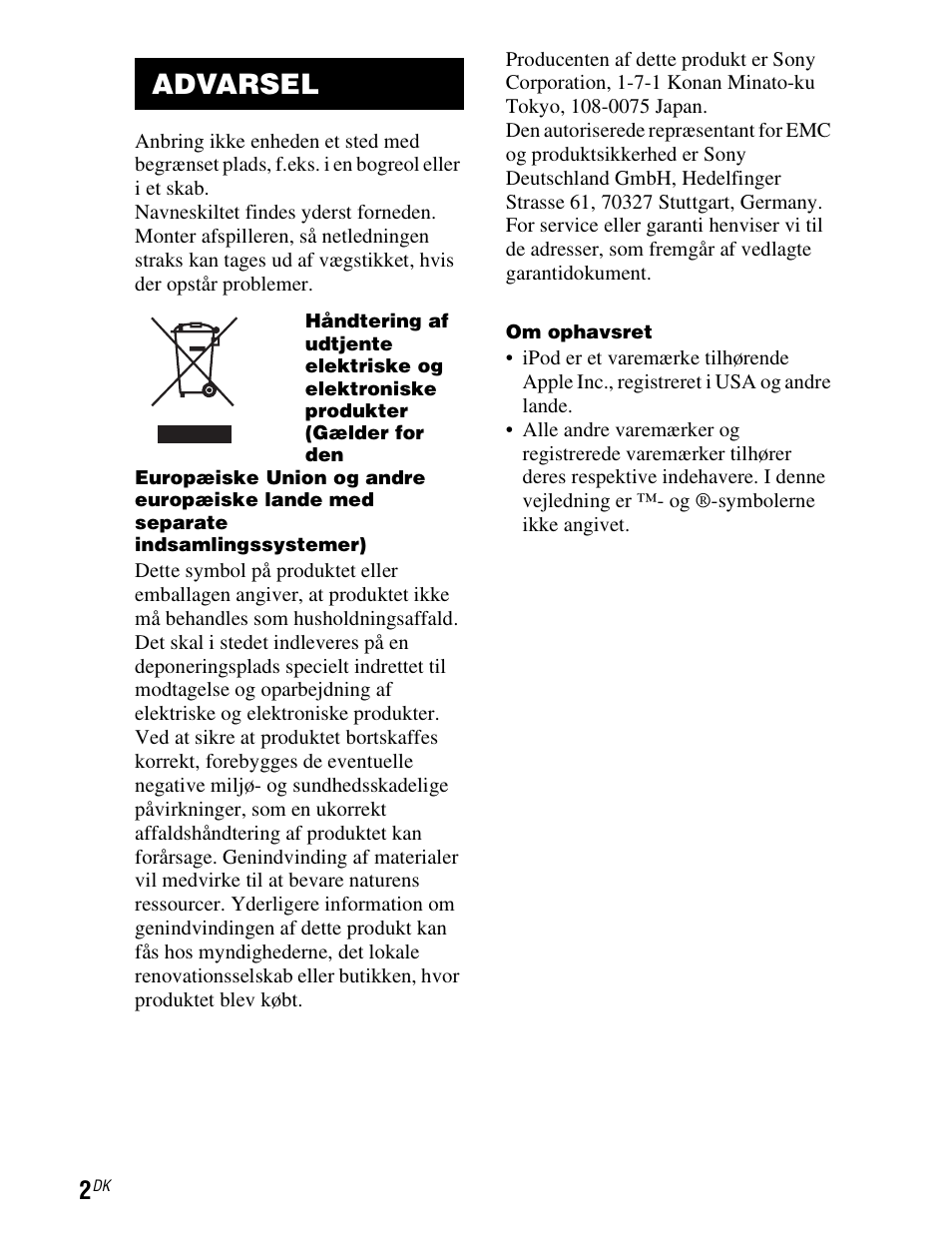 Advarsel | Sony TDM-iP1 User Manual | Page 144 / 200