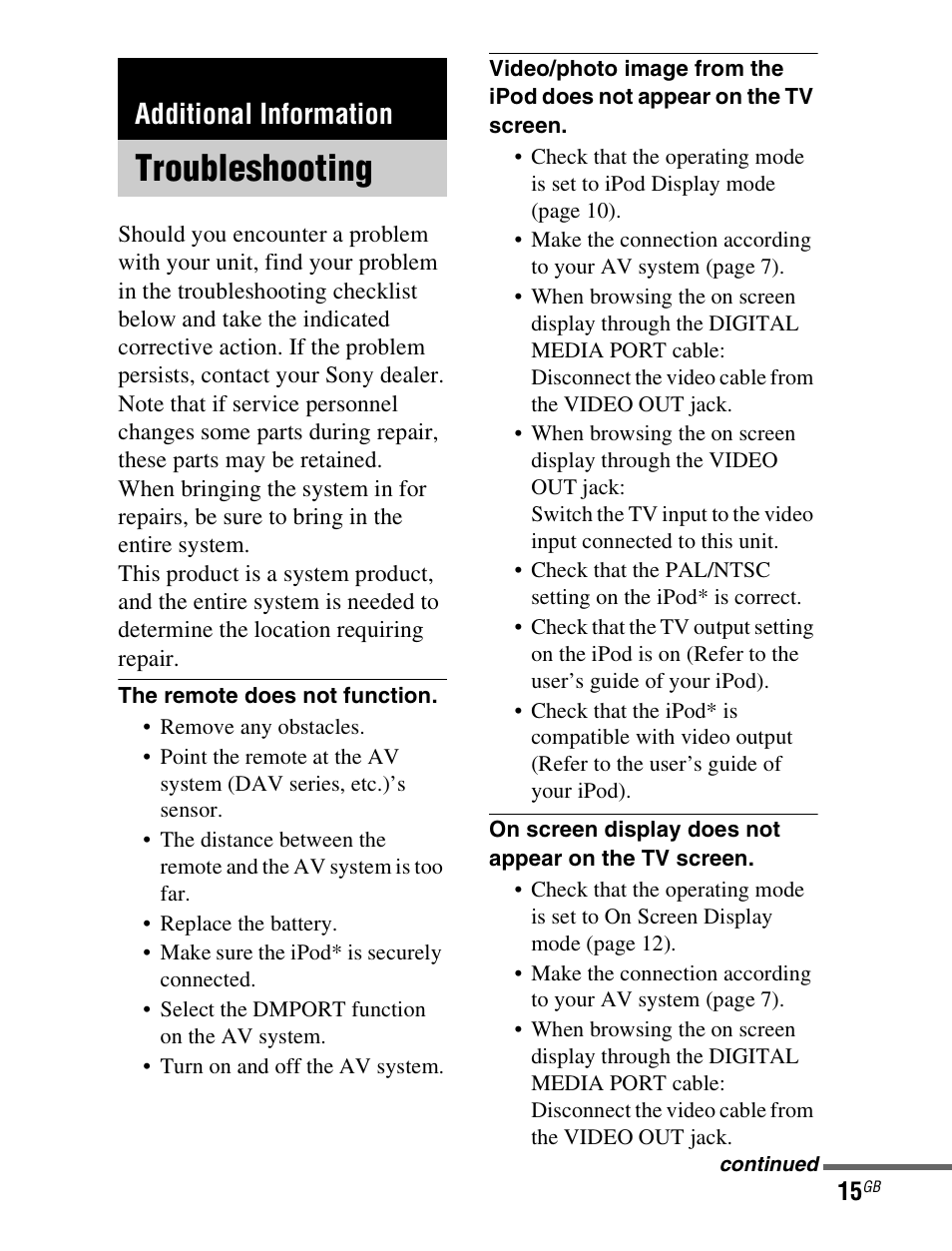 Additional information, Troubleshooting | Sony TDM-iP1 User Manual | Page 15 / 200