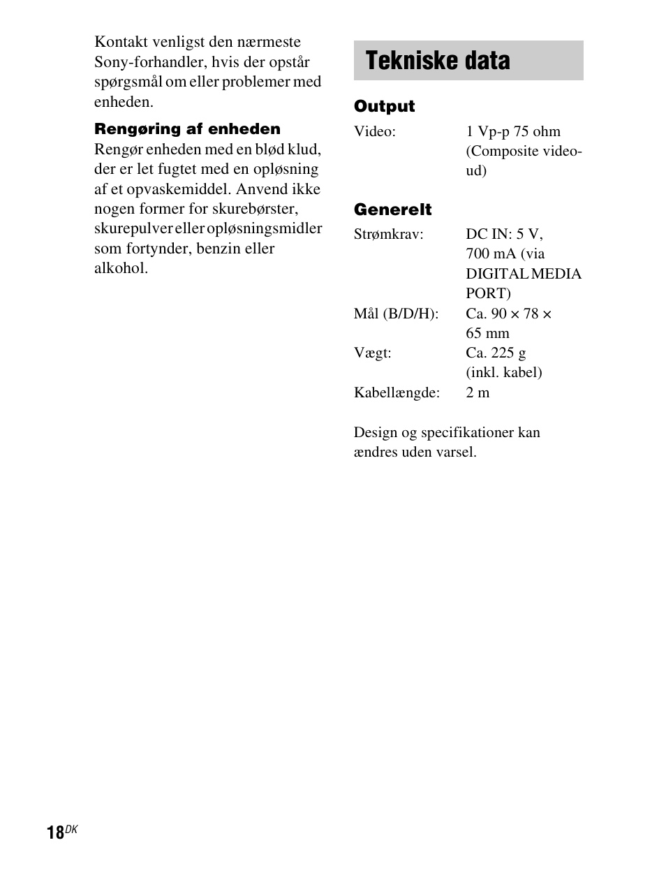 Tekniske data | Sony TDM-iP1 User Manual | Page 160 / 200