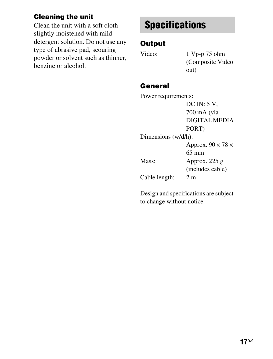 Specifications | Sony TDM-iP1 User Manual | Page 17 / 200