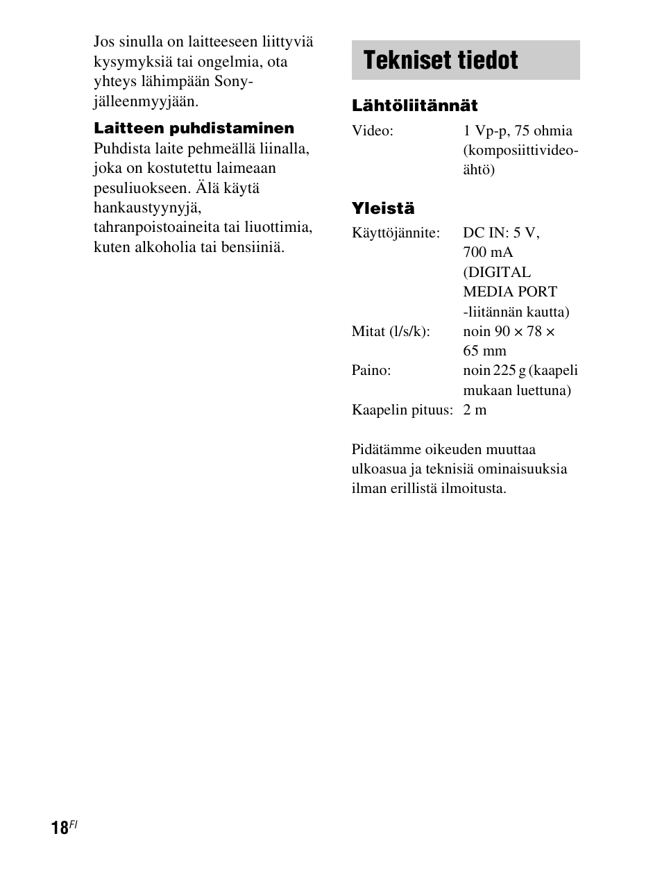 Tekniset tiedot | Sony TDM-iP1 User Manual | Page 178 / 200