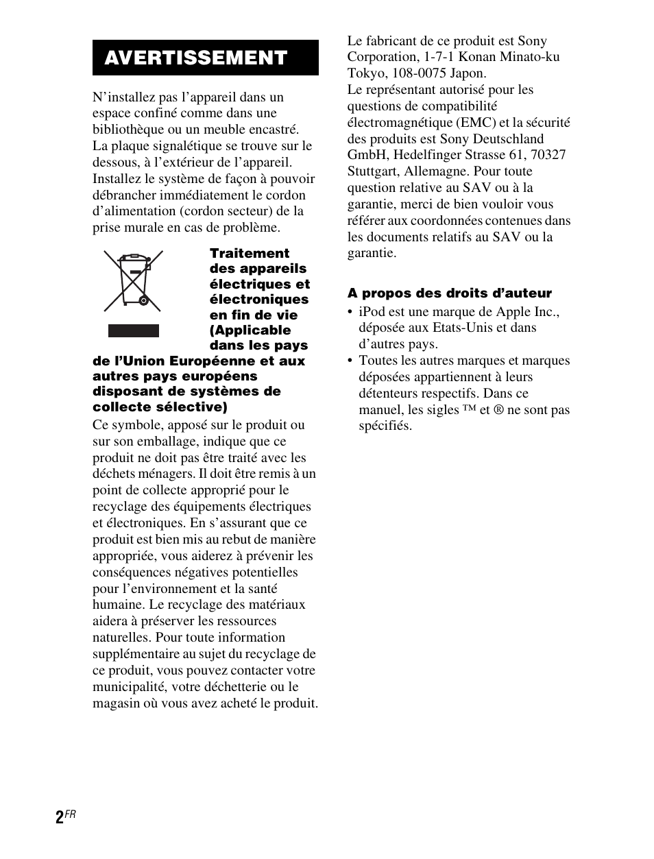 Avertissement | Sony TDM-iP1 User Manual | Page 18 / 200