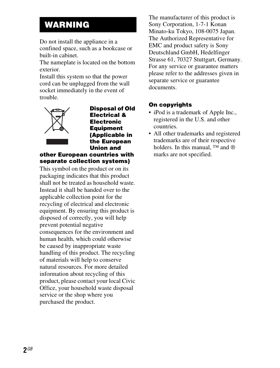 Warning | Sony TDM-iP1 User Manual | Page 2 / 200