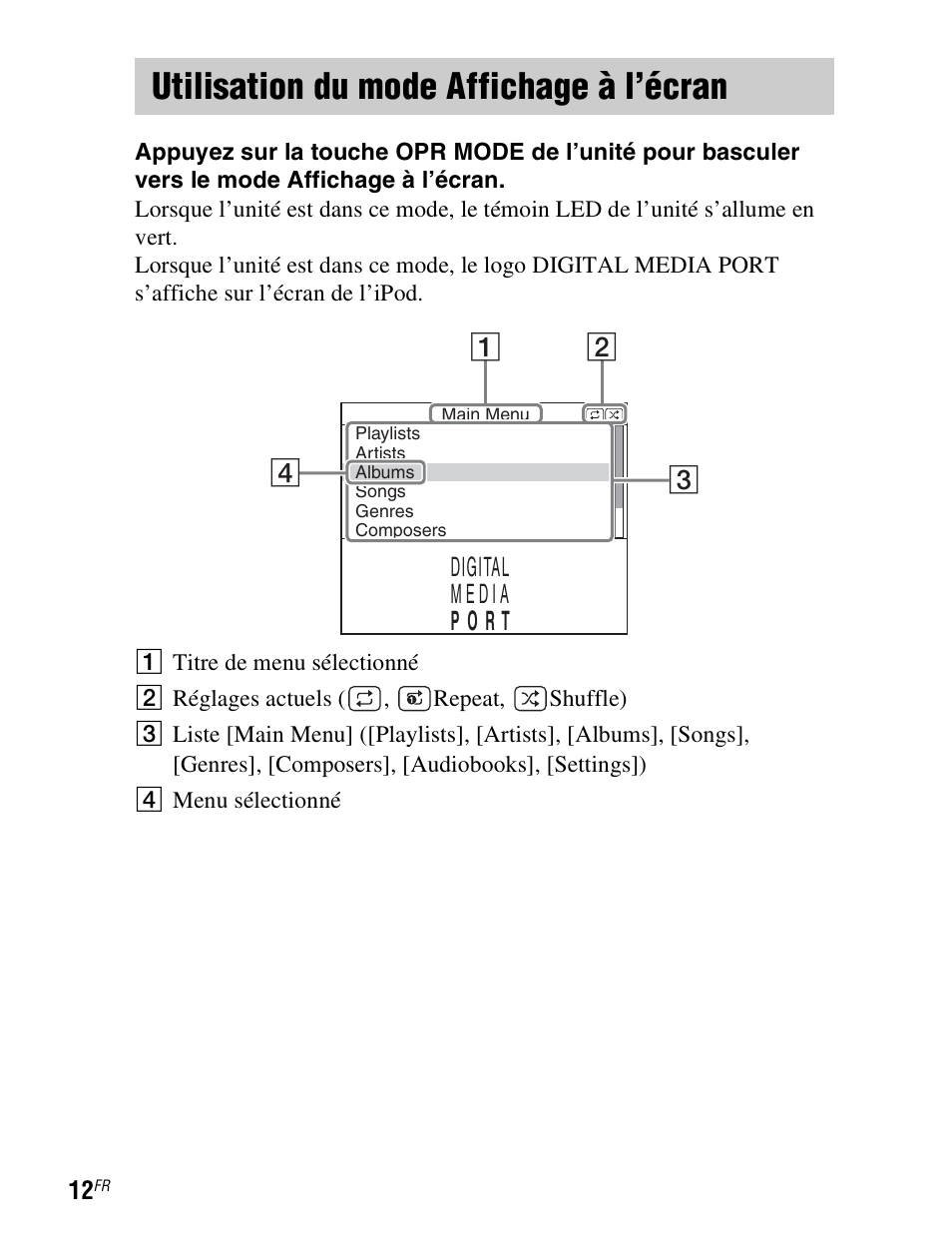 Utilisation du mode affichage à l’écran, Utilisation du mode, Affichage à l’écran | N (12) | Sony TDM-iP1 User Manual | Page 28 / 200