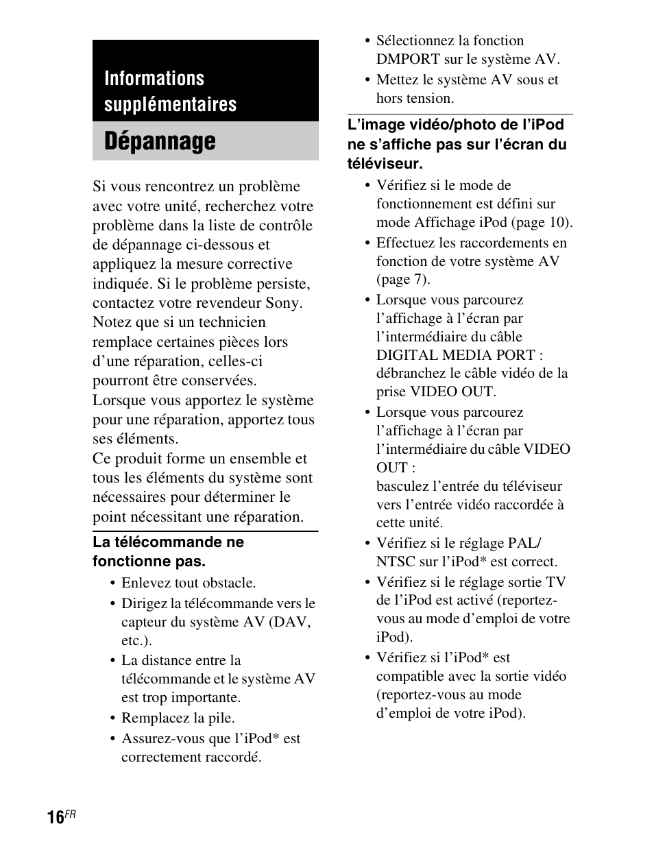 Informations supplémentaires, Dépannage | Sony TDM-iP1 User Manual | Page 32 / 200