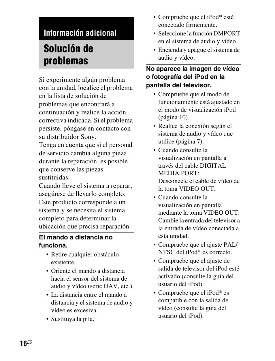 Información adicional, Solución de problemas | Sony TDM-iP1 User Manual | Page 50 / 200