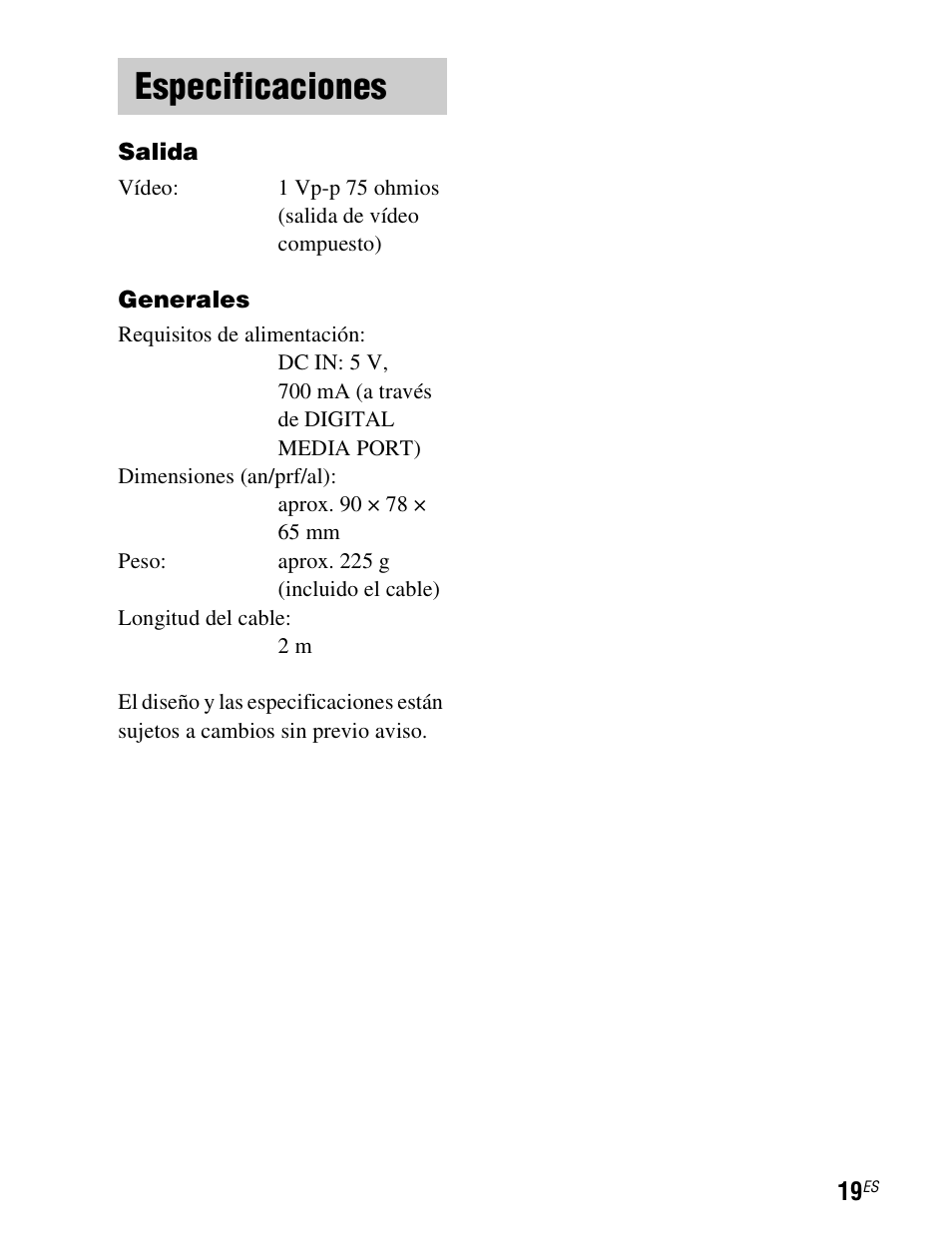 Especificaciones | Sony TDM-iP1 User Manual | Page 53 / 200