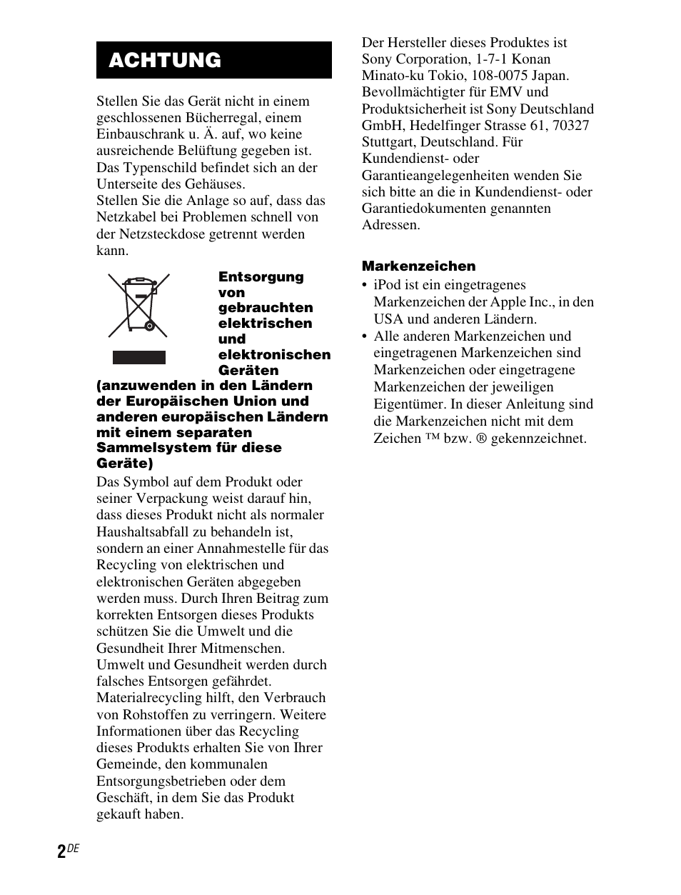 Achtung | Sony TDM-iP1 User Manual | Page 54 / 200
