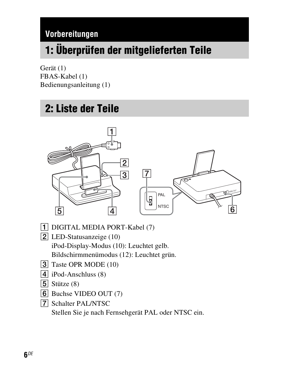 Vorbereitungen, Überprüfen der mitgelieferten teile, Liste der teile | Überprüfen der, Mitgelieferten teile, N (seite 6) | Sony TDM-iP1 User Manual | Page 58 / 200