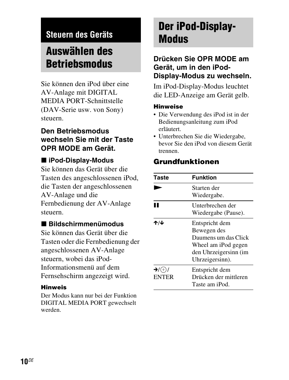 Steuern des geräts, Auswählen des betriebsmodus, Der ipod-display- modus | Auswählen des, Betriebsmodus, Der ipod-display, Modus, N (seite 10), E (10), S (10) | Sony TDM-iP1 User Manual | Page 62 / 200