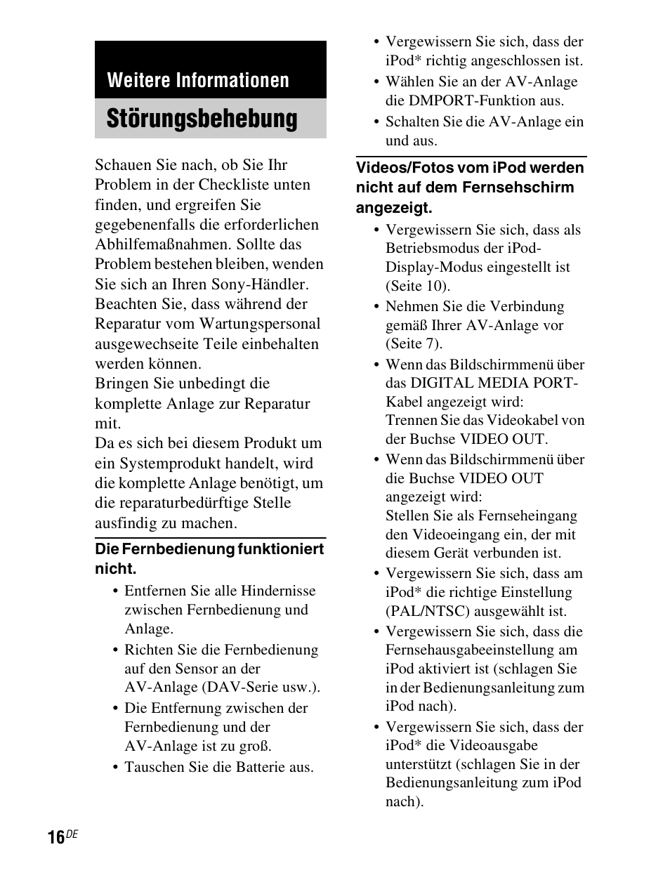 Weitere informationen, Störungsbehebung | Sony TDM-iP1 User Manual | Page 68 / 200