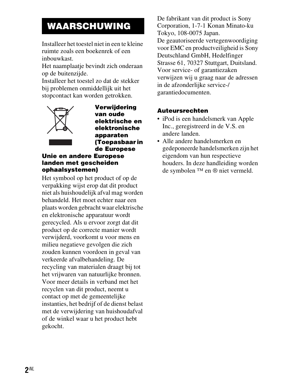 Waarschuwing | Sony TDM-iP1 User Manual | Page 72 / 200