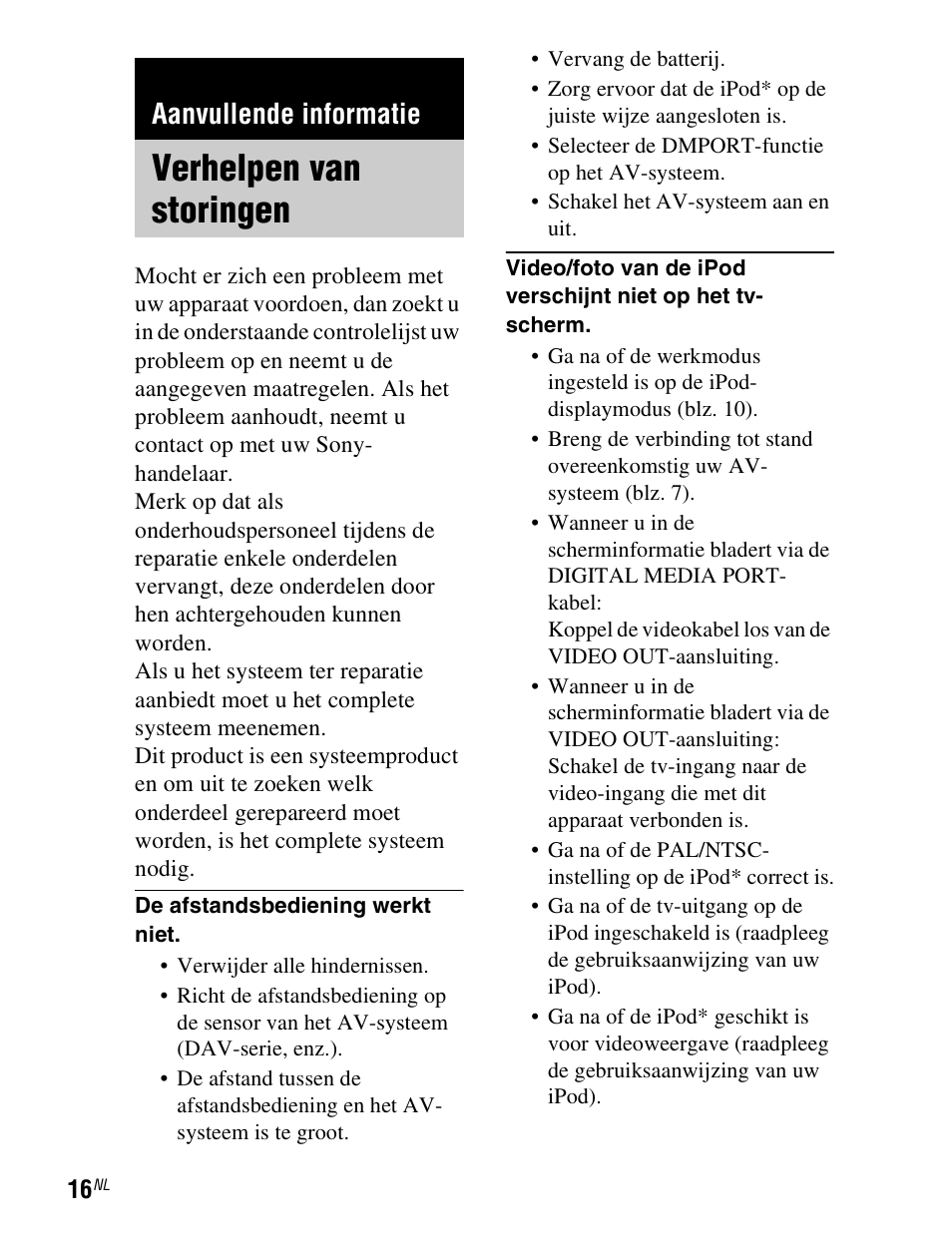 Aanvullende informatie, Verhelpen van storingen | Sony TDM-iP1 User Manual | Page 86 / 200
