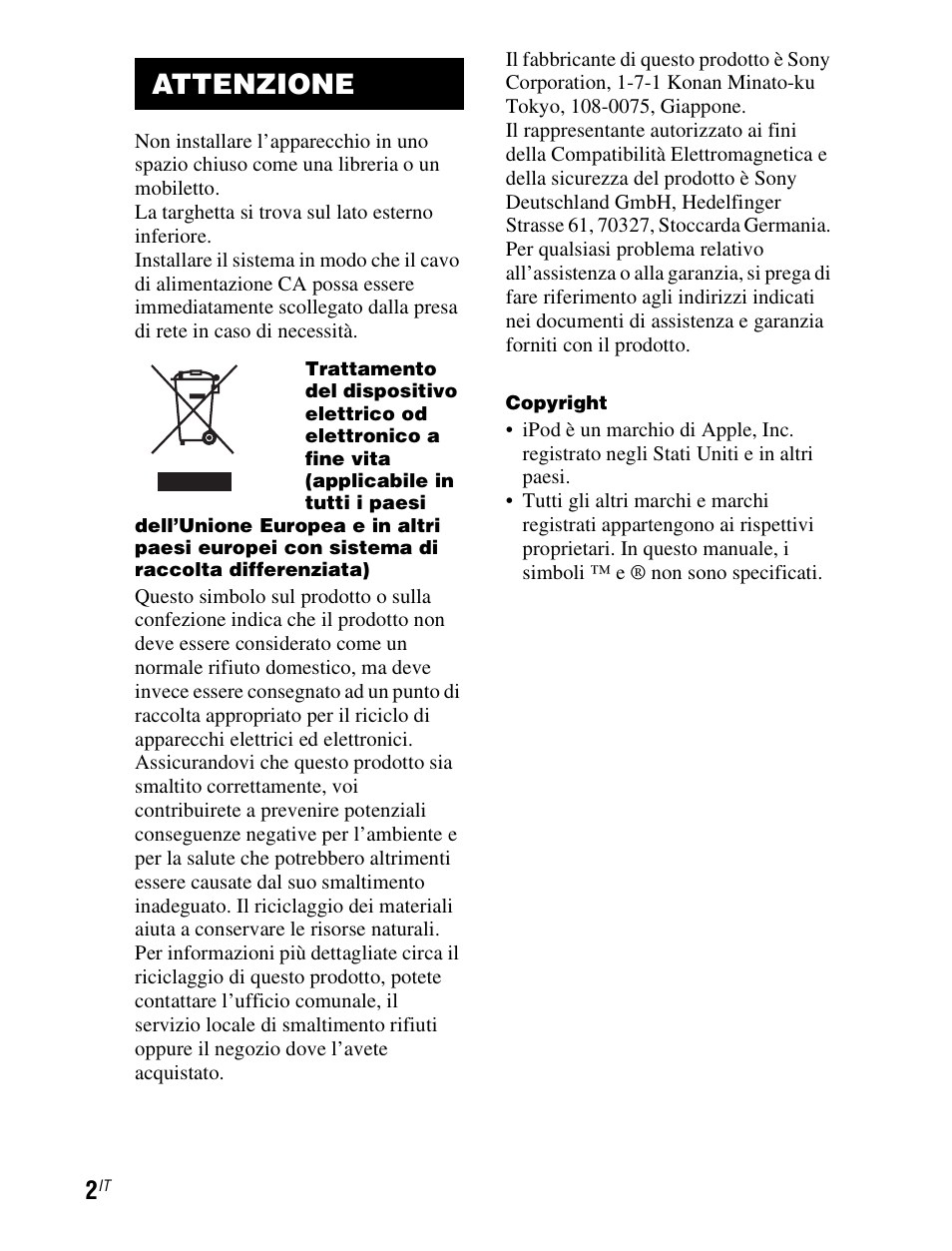Attenzione | Sony TDM-iP1 User Manual | Page 90 / 200