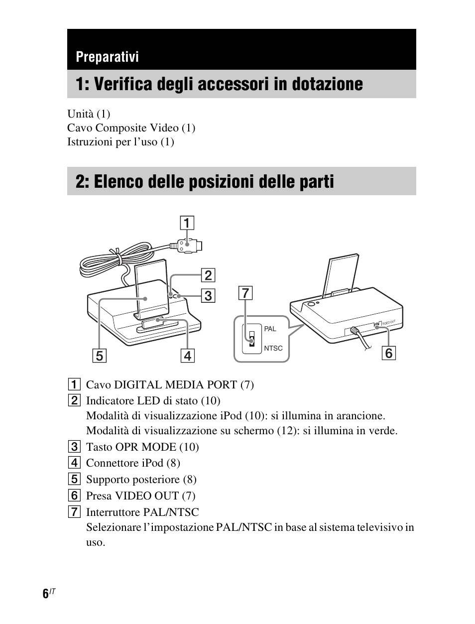 Preparativi, Verifica degli accessori in dotazione, Elenco delle posizioni delle parti | Verifica degli accessori in, Dotazione, Elenco delle posizioni delle, Parti | Sony TDM-iP1 User Manual | Page 94 / 200