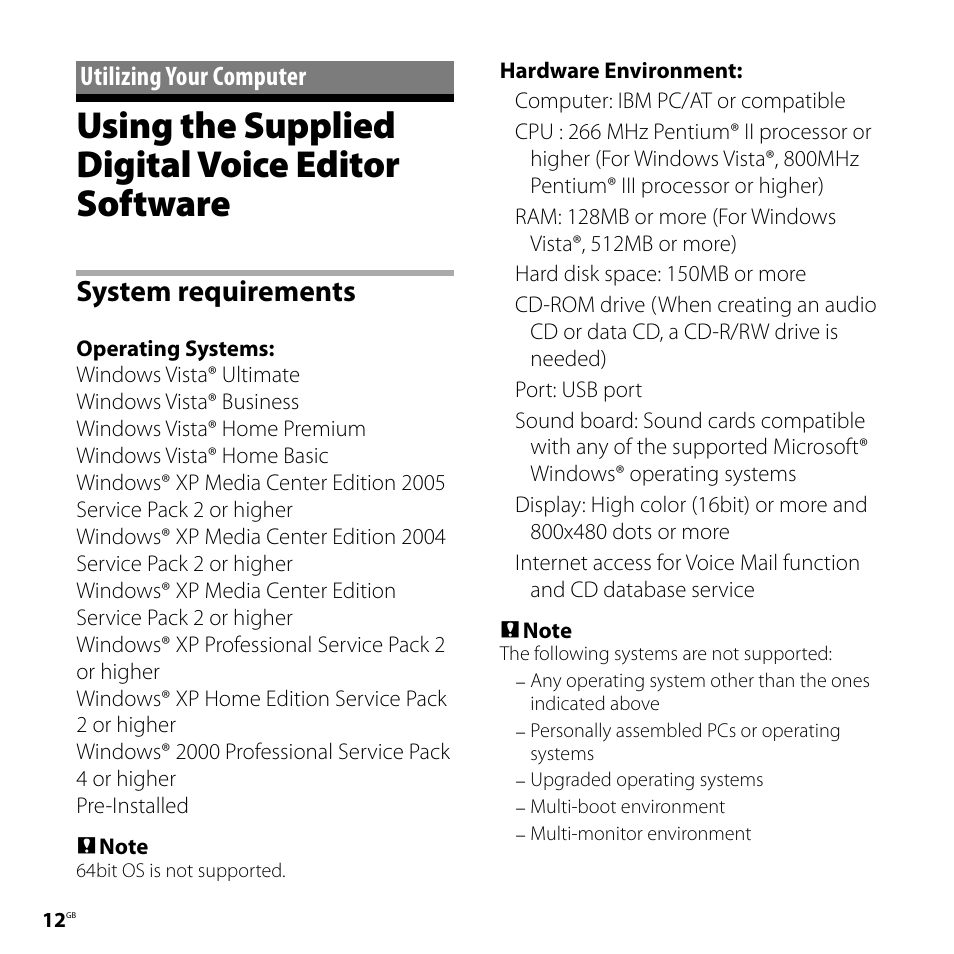 Utilizing your computer, Using the supplied digital voice editor software, Using the supplied digital voice editor | Software, System requirements | Sony ICD-PX720 User Manual | Page 12 / 60