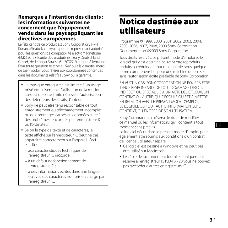 Notice destinée aux utilisateurs, Gb fr es nl | Sony ICD-PX720 User Manual | Page 17 / 60