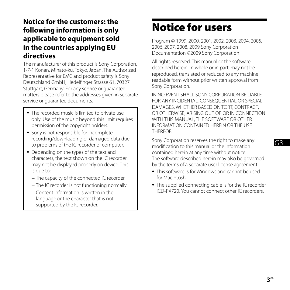Notice for users | Sony ICD-PX720 User Manual | Page 3 / 60