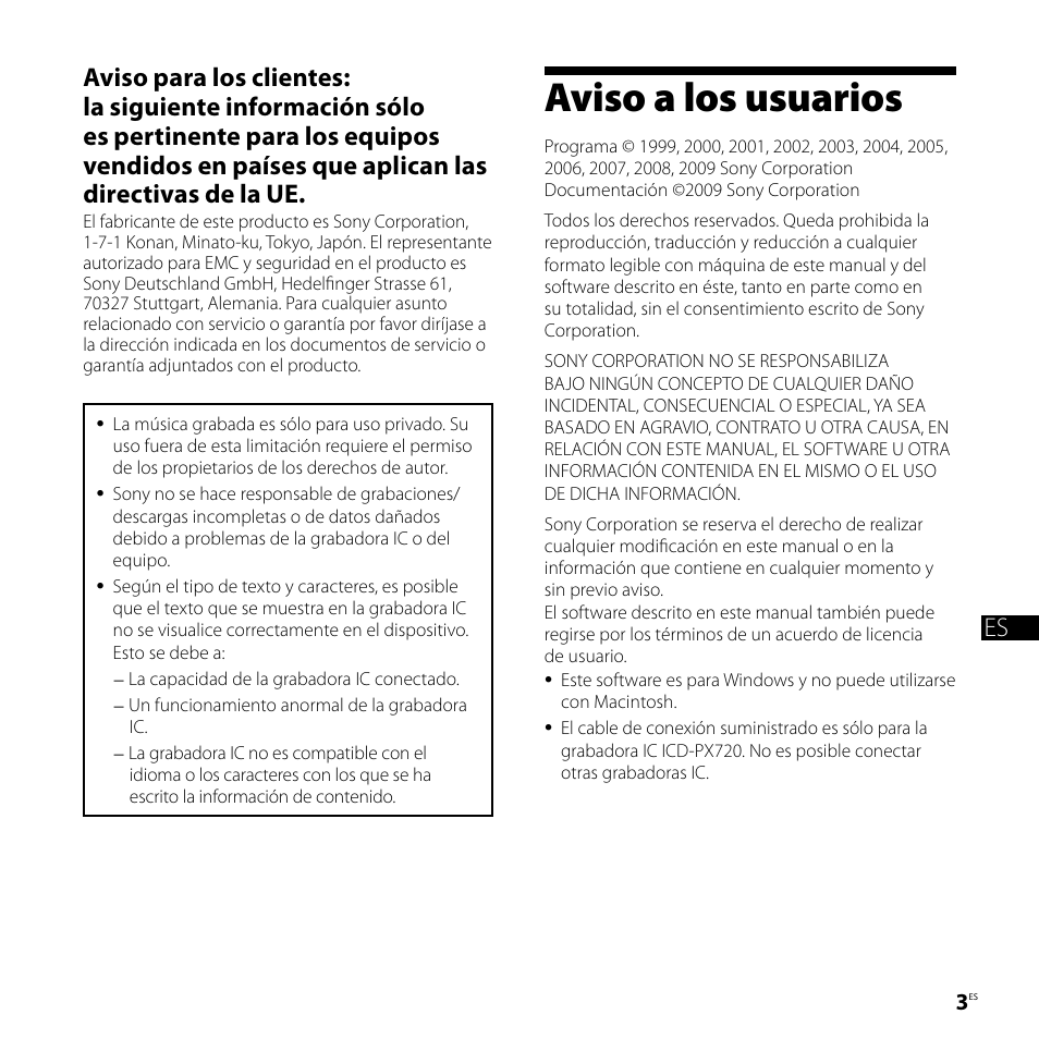 Aviso a los usuarios | Sony ICD-PX720 User Manual | Page 31 / 60