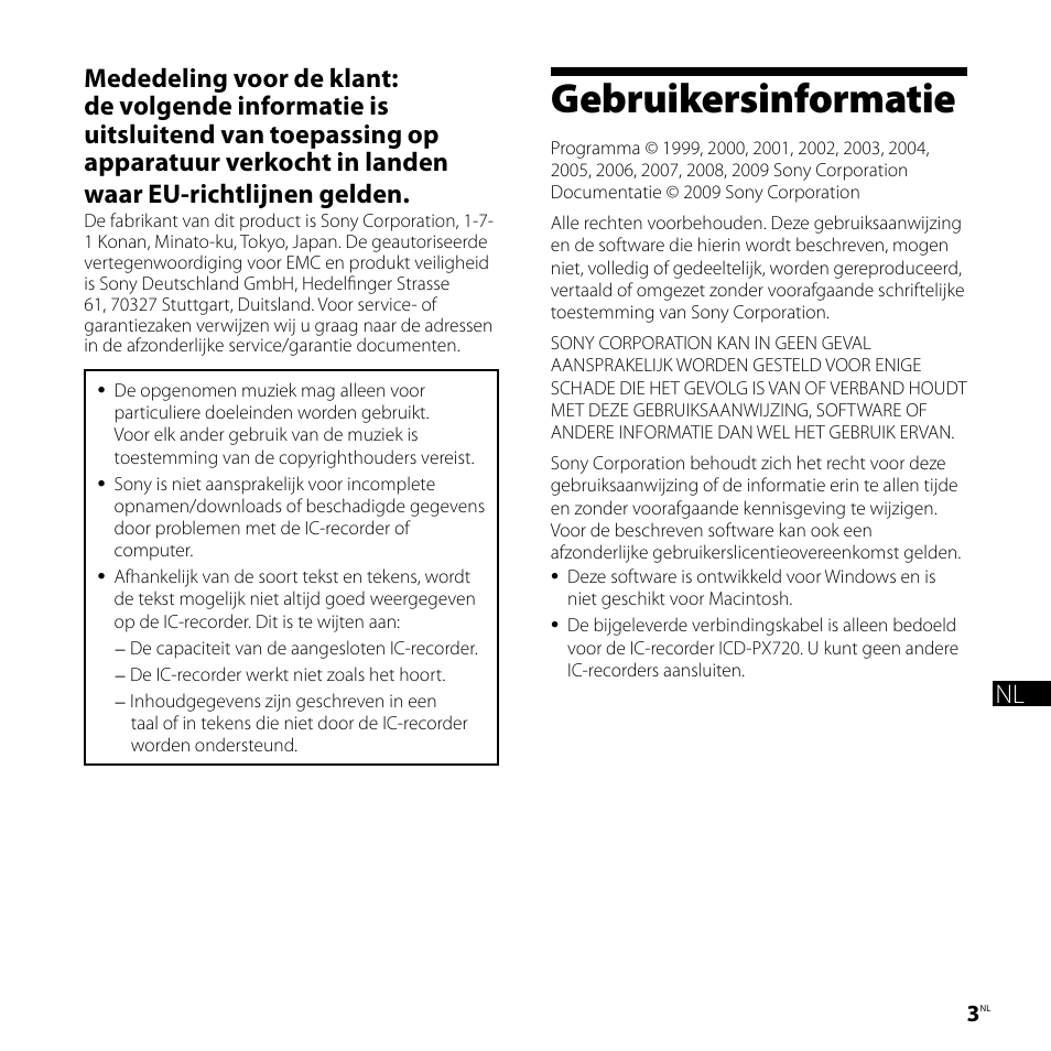 Gebruikersinformatie | Sony ICD-PX720 User Manual | Page 45 / 60