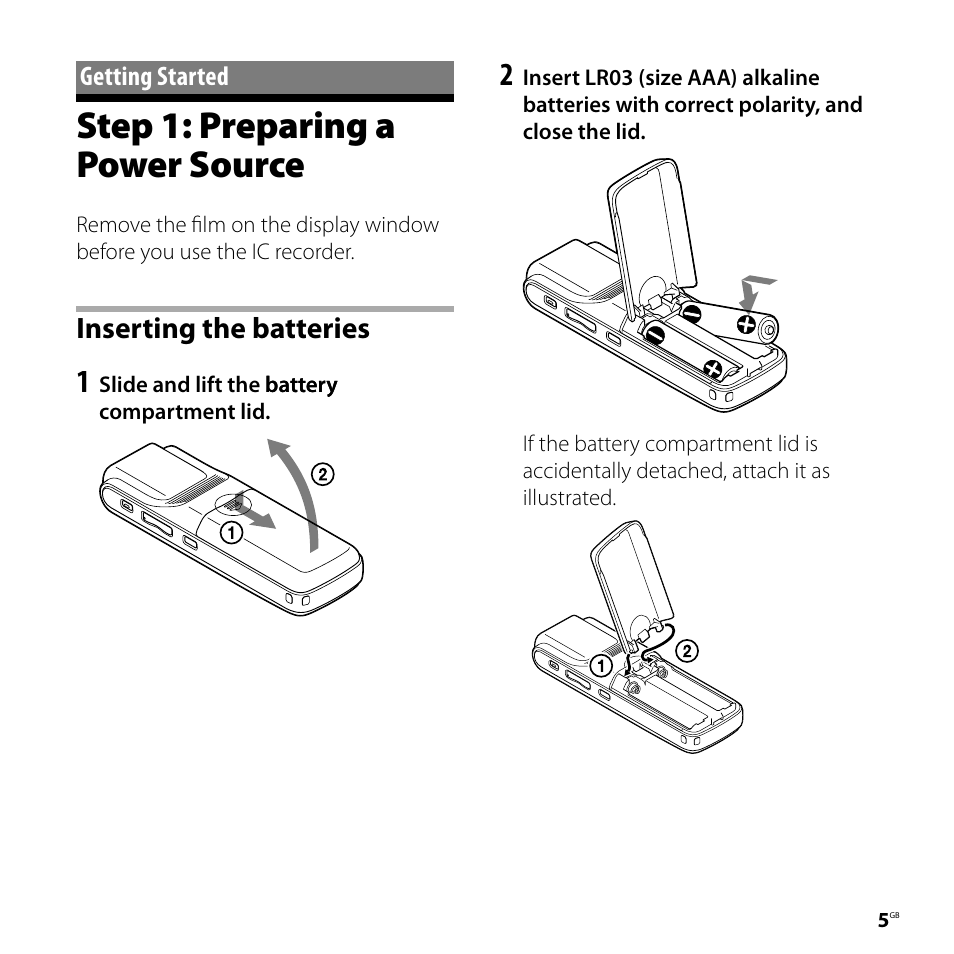 Getting started, Step 1: preparing a power source, Inserting the batteries | Sony ICD-PX720 User Manual | Page 5 / 60