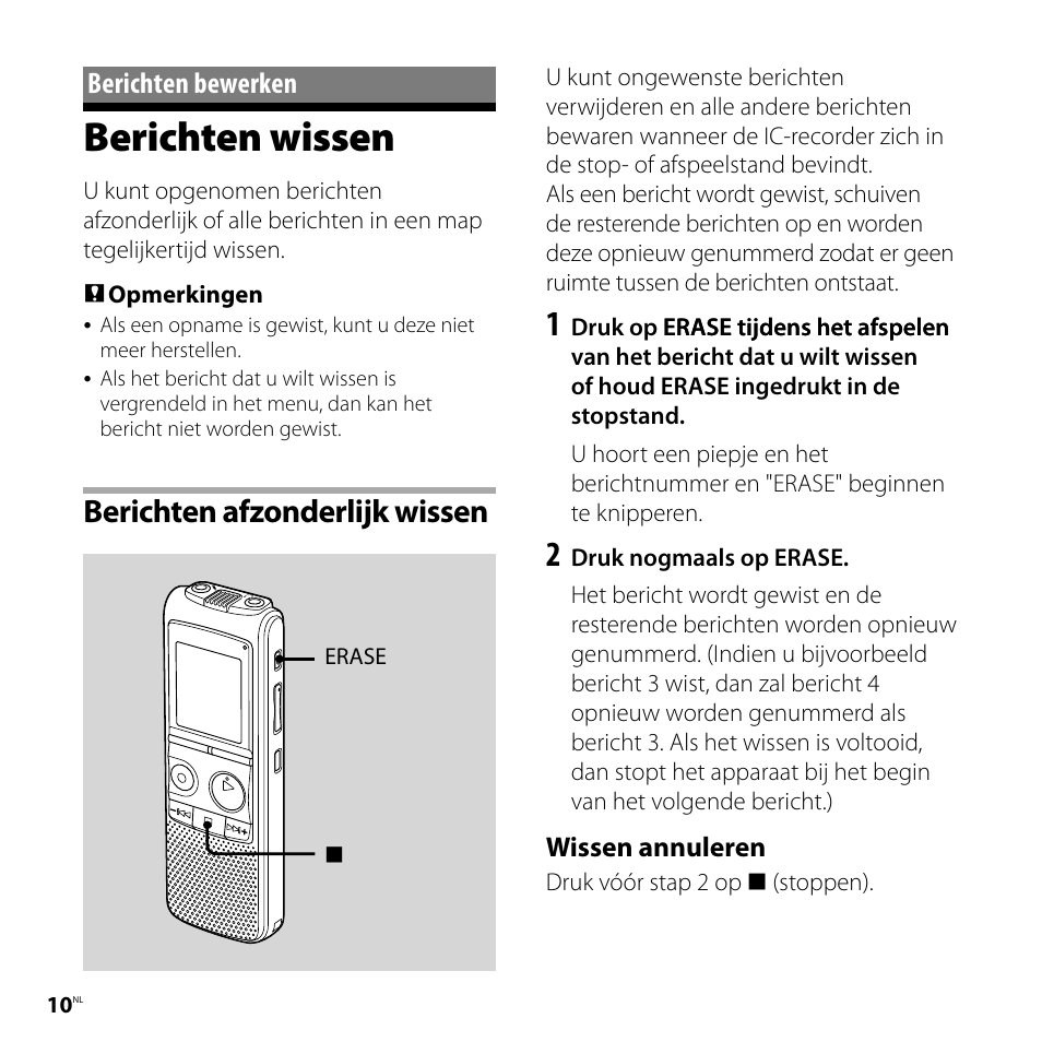 Berichten bewerken, Berichten wissen, Berichten afzonderlijk wissen | Sony ICD-PX720 User Manual | Page 52 / 60